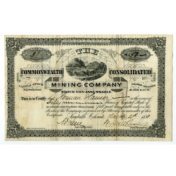 CO. Commonwealth Consolidated Mining Co., 1881, I/U Stock Certificate.