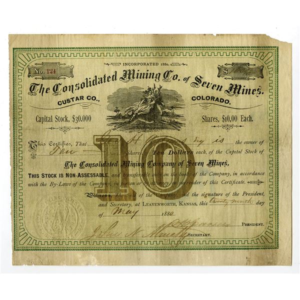 CO. Consolidated Mining Co. of Seven Mines, 1880, I/U Stock Certificate.