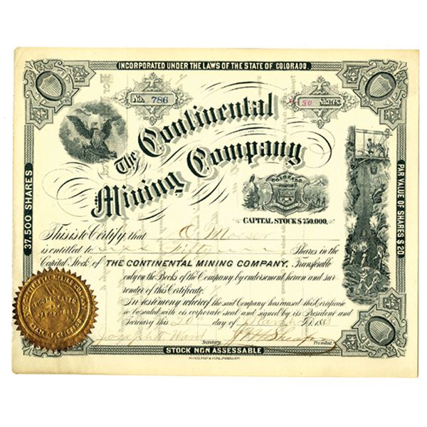 CO. Continental Mining Co., 1883, I/U Stock Certificate.