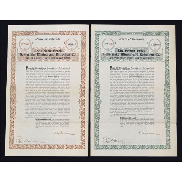 CO. Cripple Creek Homestake Mining and Reduction Co., 1905, I/U Bond Pair.