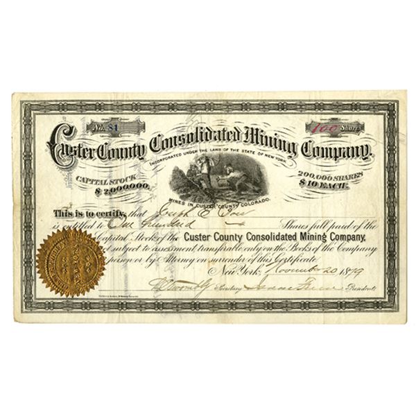 CO. Custer County Consolidated Mining Co., 1879, I/U Stock Certificate.