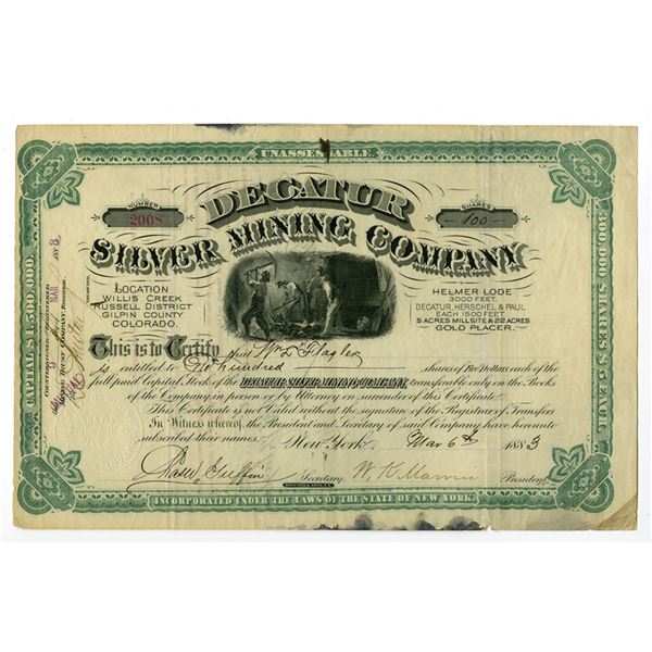 CO. Decatur Silver Mining Co., 1883, I/U Stock Certificate.