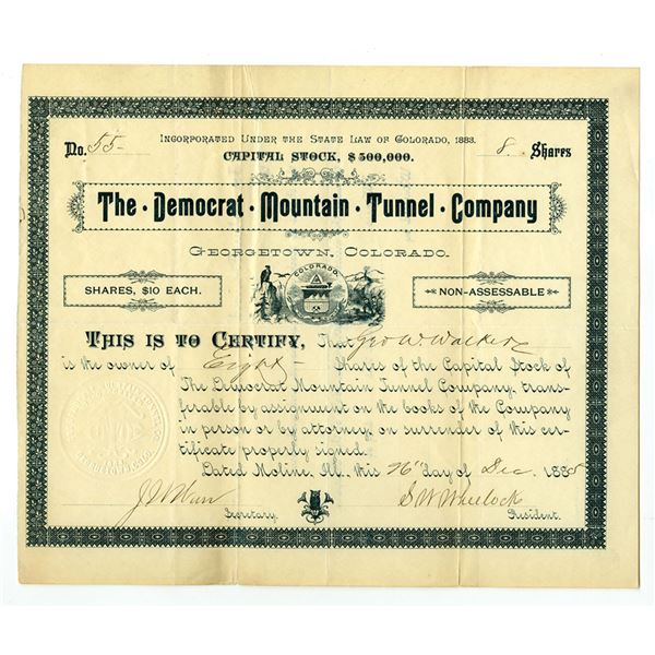 CO. Democrat Mountain Tunnel Co., 1885, I/U Stock Certificate.