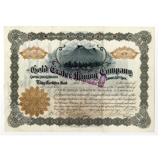 CO. Gold Crater Mining Co., 1896, I/C Stock Certificate signed by W.S. Stratton.
