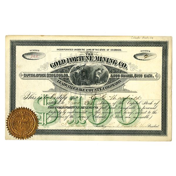 CO. Gold Fortune Mining Company, 1880, I/U Stock Certificate.