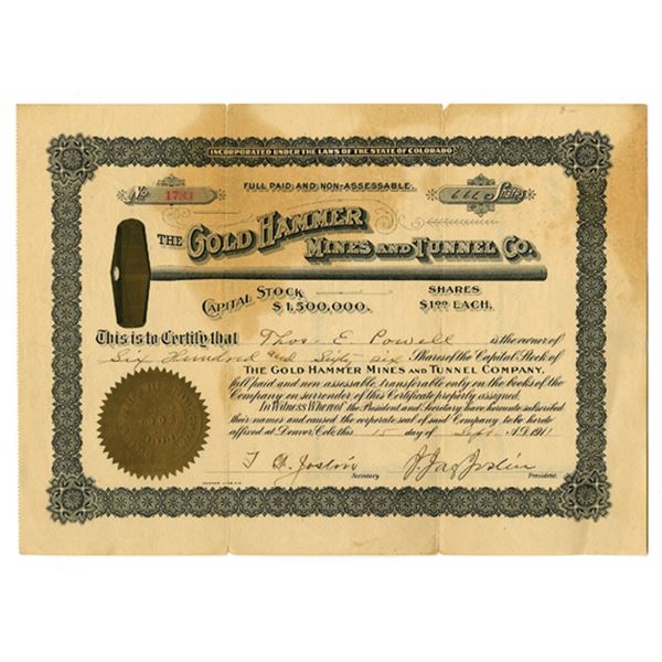 CO. Gold Hammer Mines and Tunnel Co., 1911, I/U Stock Certificate.