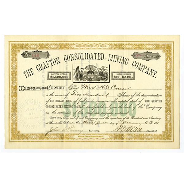 CO. Grafton Consolidated Mining Company, 1880s, I/U Stock Certificate.
