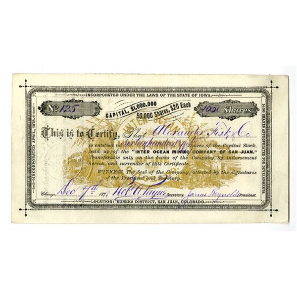 CO. Inter Ocean Mining Co., 1878, I/U Stock Certificate.