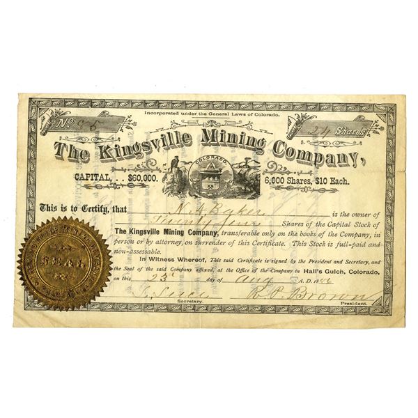 CO. Kingsville Mining Company, 1886 I/U Stock Certificate