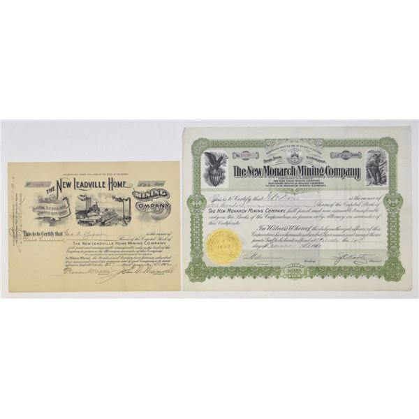CO. Leadville and Other Colorado Mining Districts Stock Certificate Pair, 1902 and 1910.