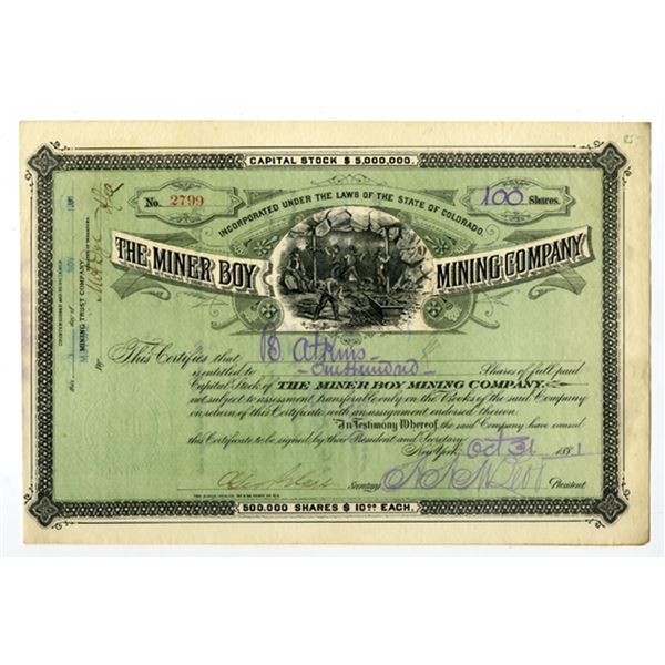 CO. Miner Boy Mining Company, 1881, I/U Stock Certificate.