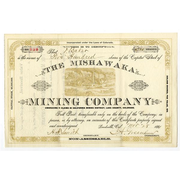 CO. Mishawaka Mining Company, 1881 I/U Stock Certificate