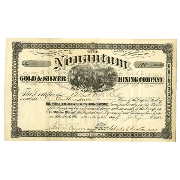CO. Nonantum Gold & Silver Mining Company, 1880 I/U Stock Certificate