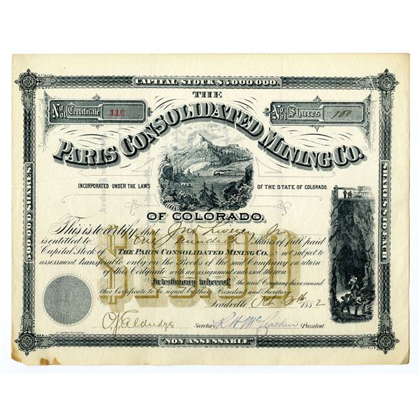 CO. Paris Consolidated Mining Co., 1882, I/U Stock Certificate.