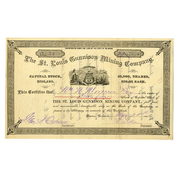 CO. St. Louis Gunnison Mining Company, 1880 I/U Stock Certificate.