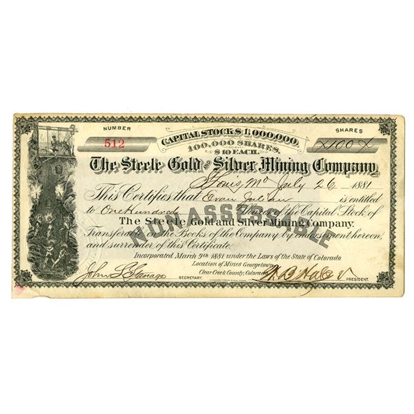 CO. Steele Gold & Silver Mining Company, 1881 I/U Stock Certificate