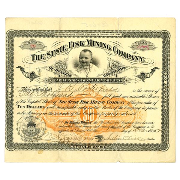 CO. Susie Fisk Mining Company of Denver, 1882, I/U Stock Certificate.