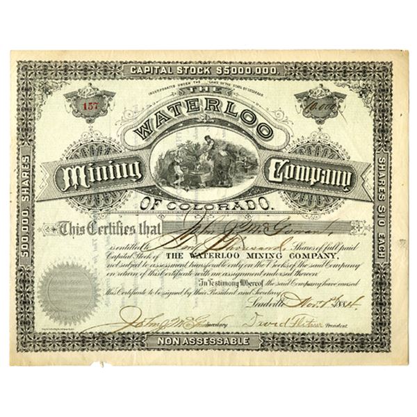 CO. Waterloo Mining Company of Colorado, 1884, I/U Stock Certificate.
