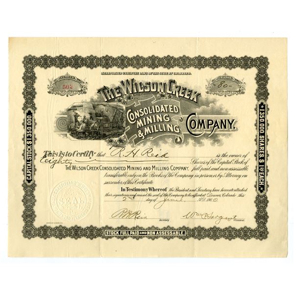 CO. Wilson Creek Consolidated Mining & Milling Co., 1900, I/U Stock Certificate.