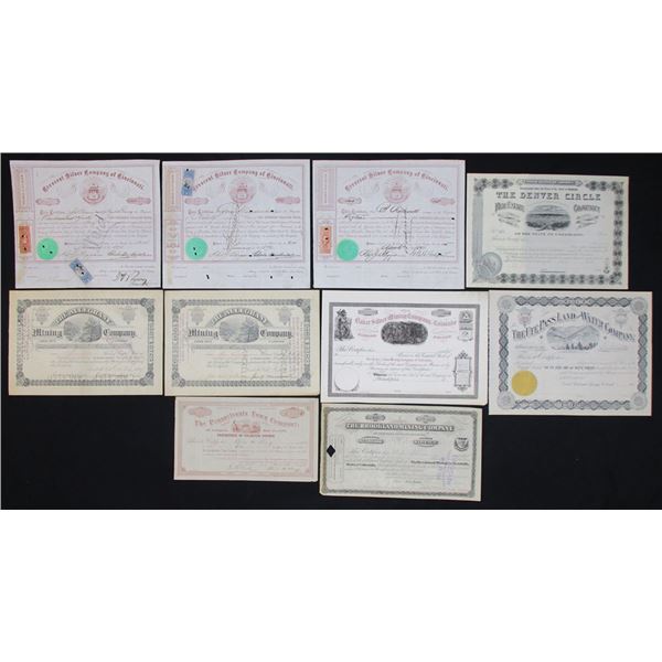 CO. Colorado Based Land and Mining Companies Issued Stock Certificates, 1870 to ND (1890s)