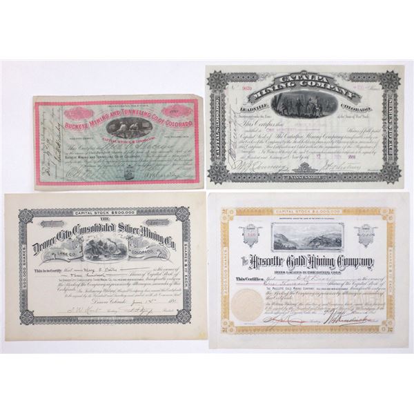 CO. Colorado Quartet of I/U Stock Certificates, 1880 to 1893.