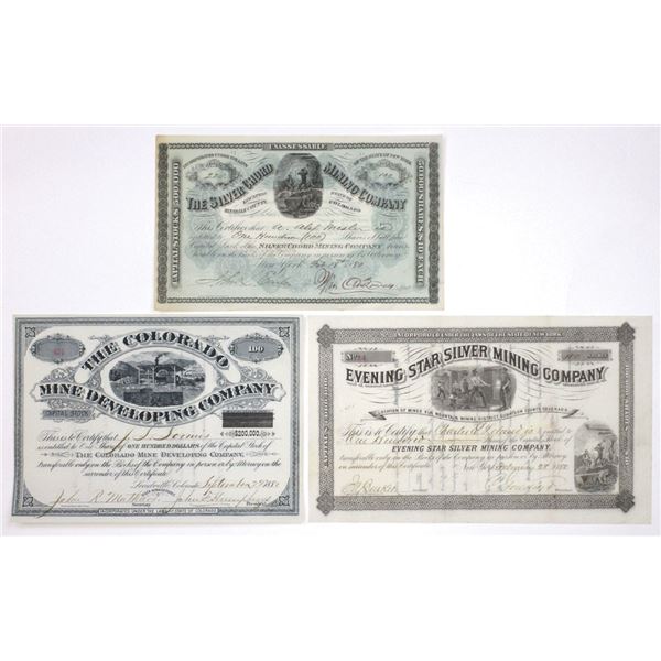 CO. Colorado Trio of I/U Stock Certificates, 1880.