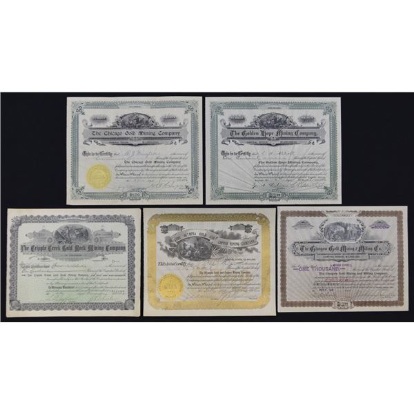 CO. Cripple Creek Mining I/U Stock Certificate Assortment, ca.1895 to 1900.