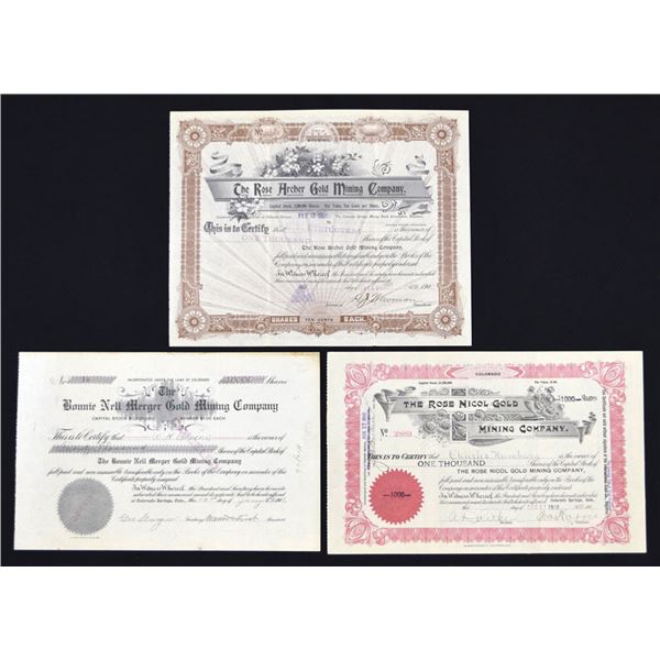 CO. Cripple Creek Trio of Mining Stock Certificates, ca.1901–1918.