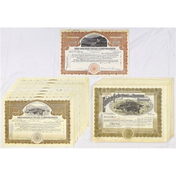 CO. Golden Cycle Mining and Reduction Co., 1916 to 1962, I/C Stock Certificate Assortment.