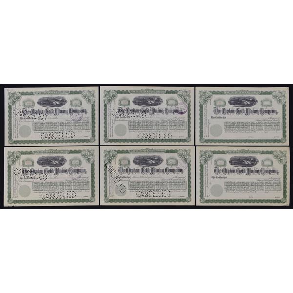 CO. Orphan Gold Mining Co., 1901, I/C & U/U Stock Certificate Assortment.
