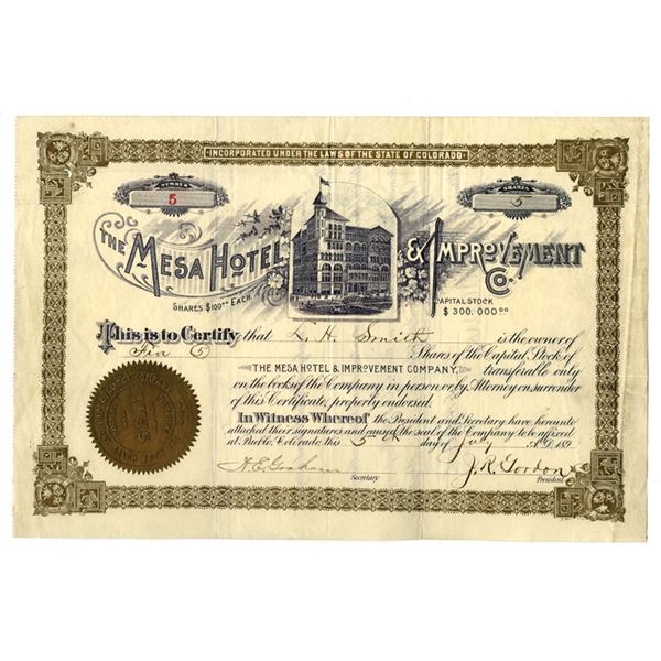 CO. Mesa Hotel & Improvement Co., 1893, I/U Stock Certificate.
