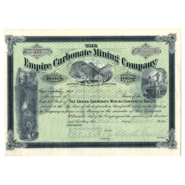 Dakota Territory. Empire Carbonate Mining Company of Dakota, 1881 I/U Stock Certificate