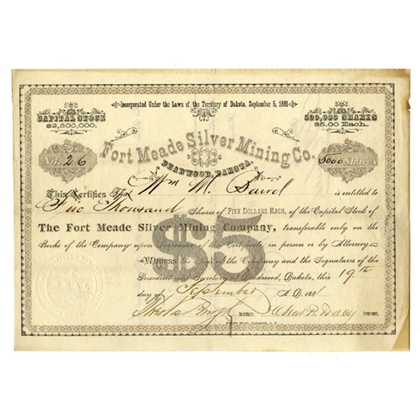 Dakota Territory. Fort Meade Silver Mining Co., 1881 I/U Stock Certificate