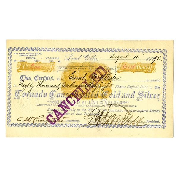 SD. Tornado Consolidated Gold and Silver Mining and Milling Company, 1892, I/C Stock Certificate