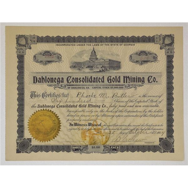 GA. Dahlonega Consolidated Gold Mining Co., 1904, I/U Stock Certificate.