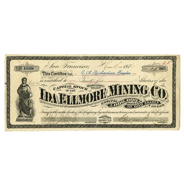 Idaho Territory. Ida Ellmore Mining Co., 1875, I/U Stock Certificate