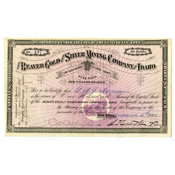 ID. Beaver Gold & Silver Mining Company of Idaho, 1881, I/U Stock Certificate