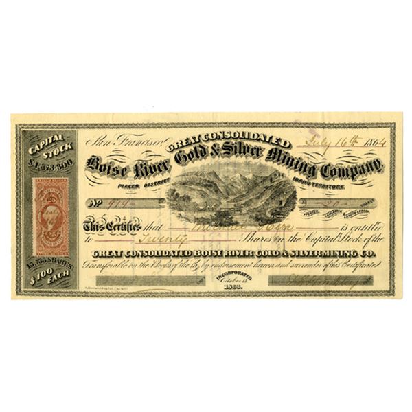 ID. Great Consolidated Boise River Gold & Silver Mining Company, 1864, I/U Stock Certificate