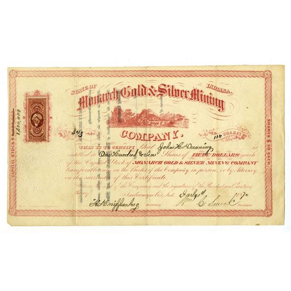 IN. Monarch Gold & Silver Mining Co., 1870, I/U Stock Certificate.