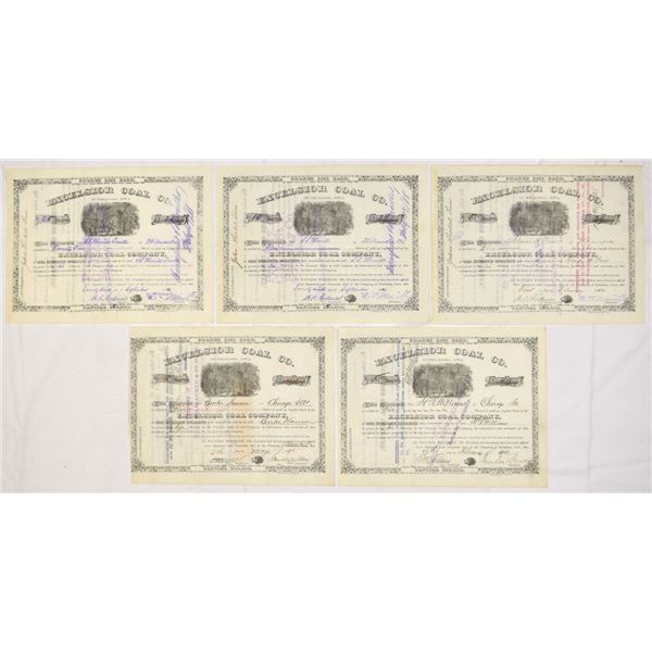 IA. Excelsior Coal Co., 1881 to 1903, I/C Stock Certificate Assortment.