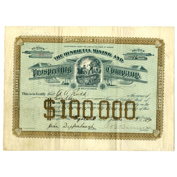 KS. Henrietta Mining and Prospecting Co., 1889, I/U Stock Certificate.