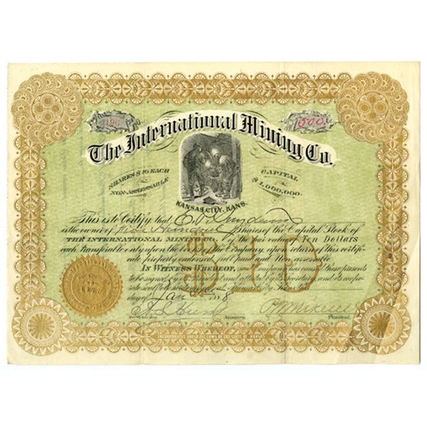 KS. International Mining Company, 1882, I/U Stock Certificate