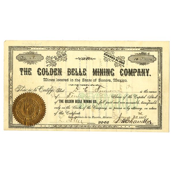 Mexico. Golden Belle Mining Co., 1889, I/U Stock Certificate.