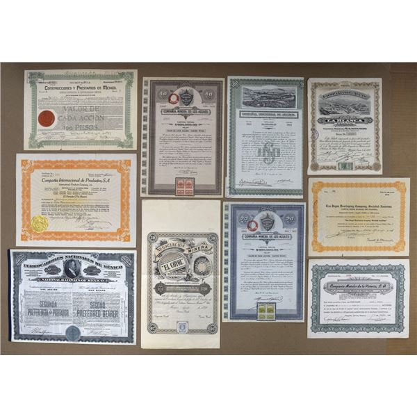 Mexico. Mexican Mining Related Assortment of Issued Stocks and Bonds, 1897 to 1945.