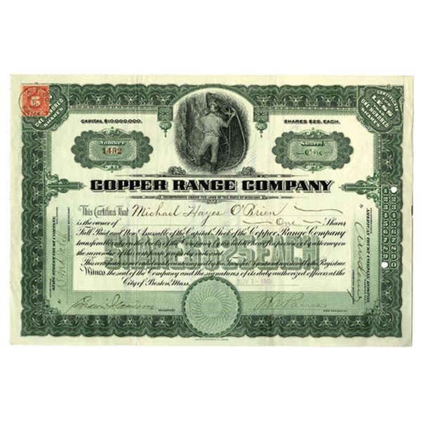 MI. Copper Range CO., 1915, I/U Stock Certificate.