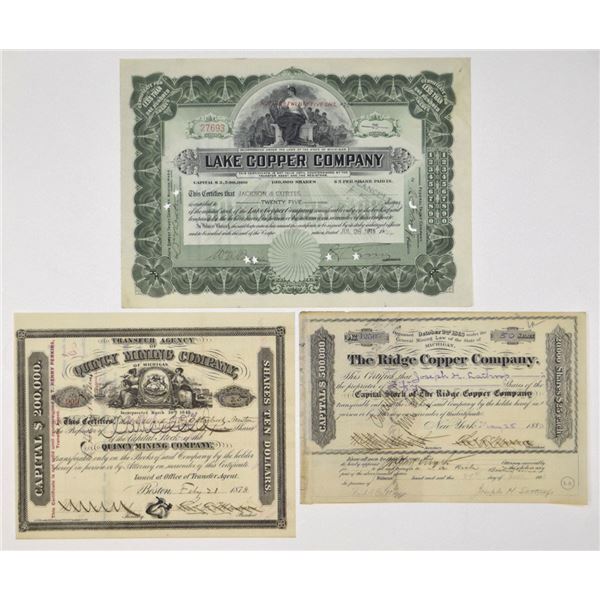 MI. Michigan Copper Mining Stock Certificate Trio, 1878 to 1919.