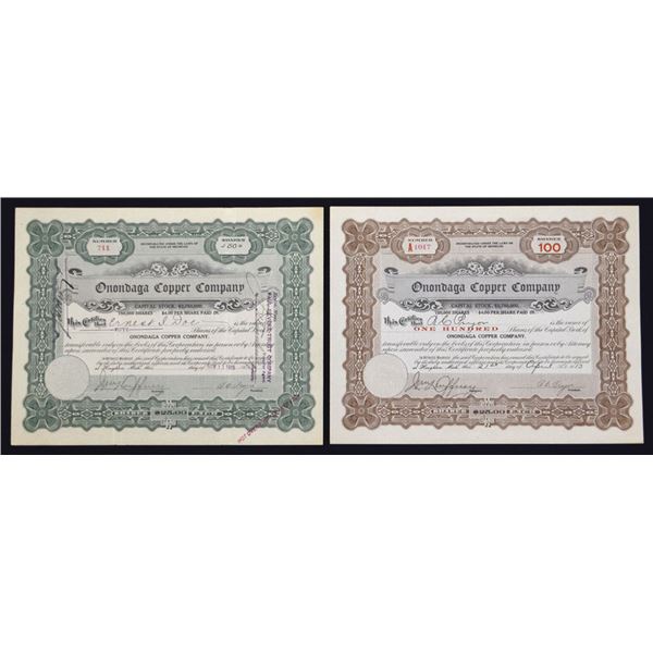 MI. Onondaga Copper Co., 1913 and 1915, I/U Stock Certificate Pair.