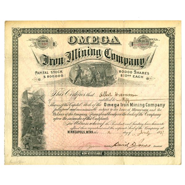 MN. Omega Iron Mining Co., 1887, I/U Stock Certificate.