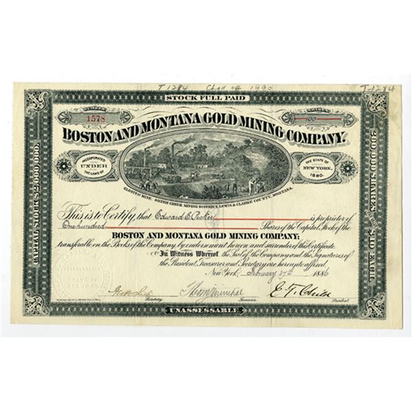 Montana Territory. Boston and Montana Gold Mining Co., 1886, I/U Stock Certificate.