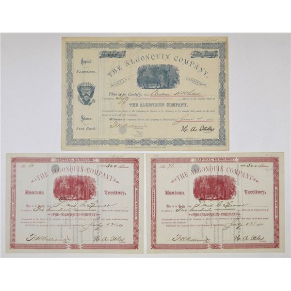 Montana Territory. Algonquin Company, Montana Territory, 1881, I/U Stock Certificate Trio.